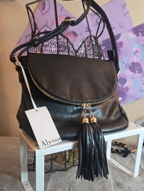 Black Leather Tassel Crossbody Bag